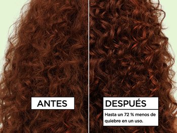 Before and after comparison of curly red hair showing up to 72% less breakage in one use after applying a hair care treatment.