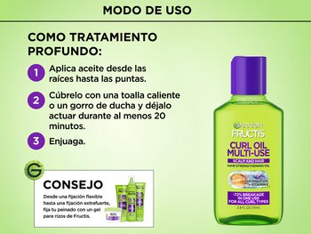 Garnier Fructis Curl Oil Multi-Use instructions showing steps for a deep treatment, from roots to ends, with coconut oil and vitamin B for all curl types.