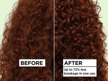Before and after comparison of curly red hair showing up to 72% less breakage in one use after applying a hair care treatment.