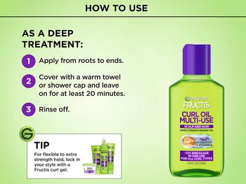 Garnier Fructis Curl Oil Multi-Use instructions showing steps for a deep treatment, from roots to ends, with coconut oil and vitamin B for all curl types.