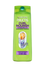 Garnier Fructis Curl Nourish Sulfate-Free Moisturizing Shampoo 12.5 fl oz bottle: a hydrating curly hair shampoo with vegan protein and coconut oil providing up to 48HR defined curls for all hair types.