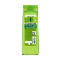 Back view of Garnier Fructis Curl Nourish Moisturizing Shampoo bottle showing full ingredient list, usage directions, and sulfate-free formula benefits for curls and coils.