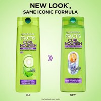 Garnier Fructis Curl Nourish packaging update: showing the transition from the old bottle design to the new look with the same iconic moisturizing sulfate-free formula.