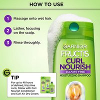 How to use Garnier Fructis Curl Nourish Shampoo: 3-step guide including massage, lather, and rinse, with a styling tip to follow with conditioner and air dry cream for best results.