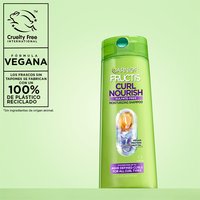 Garnier Fructis Curl Nourish Shampoo sustainability commitments: highlighting cruelty-free international certification, a vegan formula, and a bottle made of 100% recycled plastic.