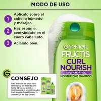 How to use Garnier Fructis Curl Nourish Shampoo: 3-step guide including massage, lather, and rinse, with a styling tip to follow with conditioner and air dry cream for best results.