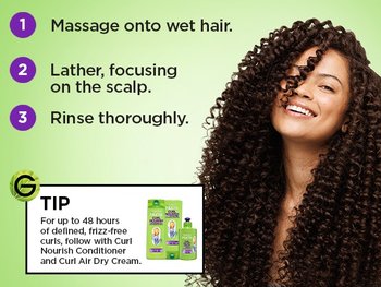 A smiling woman with voluminous dark curls next to a three-step guide: 1. Massage onto wet hair, 2. Lather, focusing on the scalp, and 3. Rinse thoroughly. A "TIP" box suggests using the full system for 48-hour frizz-free curls.
