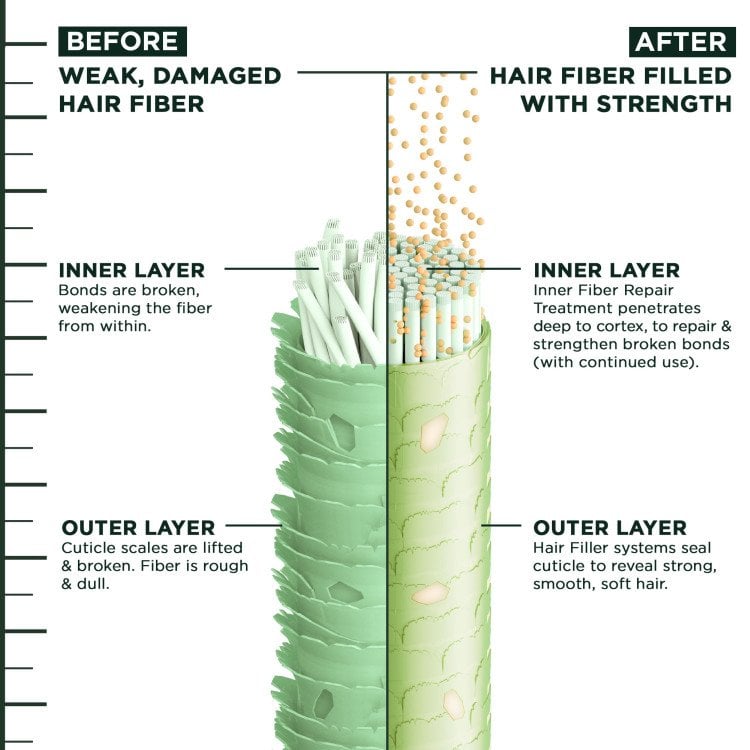 Before, hair fiber is weak and damaged, and after hair fiber is filled with strength