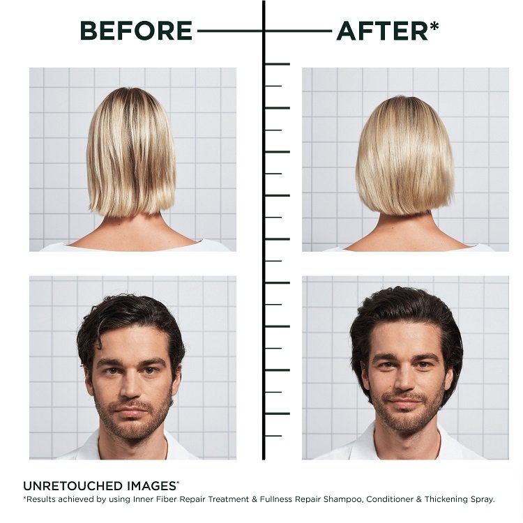 Before & after of female and male using Hair Filler + Polypeptides Fullness Repair Shampoo 