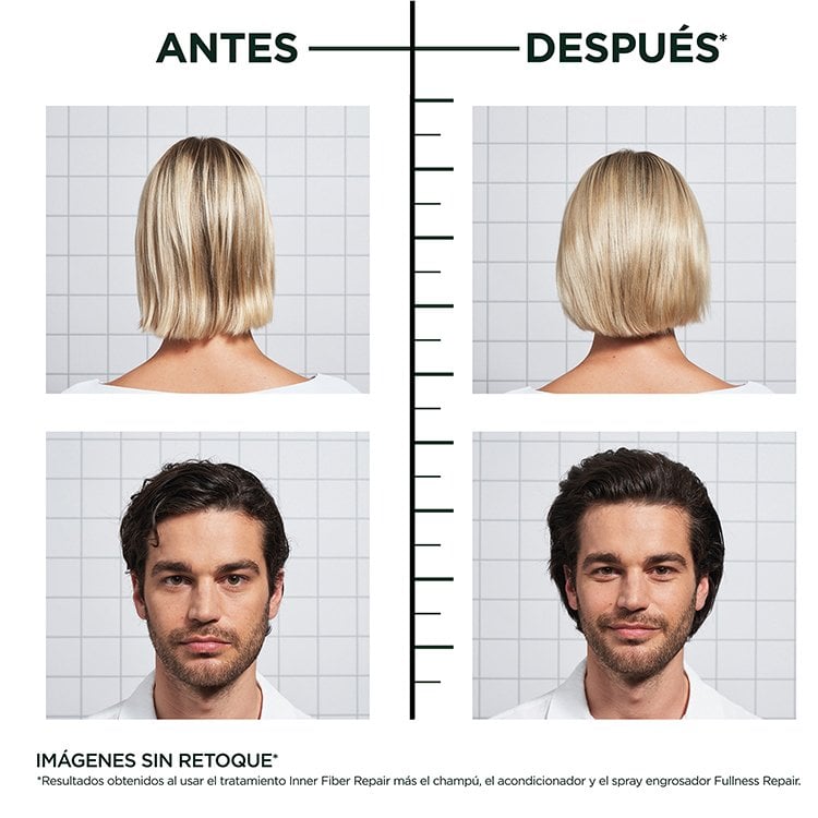 Before & after of female and male using Hair Filler + Polypeptides Fullness Repair Shampoo 