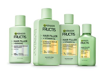 Group shot of Garnier Fructis Hair Filler Strength Repair System.