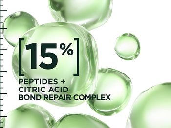 Graphic of peptide molecules in the background with copy in the front. Copy reads “15% peptides + citric acid bond repair complex”.