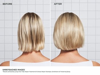A side-by-side "before and after" comparison of a woman's blonde bob haircut against a white tiled background. The "before" image on the left shows thin, stringy hair with little volume. The "after" image on the right displays a significant transformation, with the hair appearing noticeably thicker, fuller, and smoother. Text at the bottom notes these are unretouched images showing results from the Inner Fiber Repair and Fullness Repair product range.
