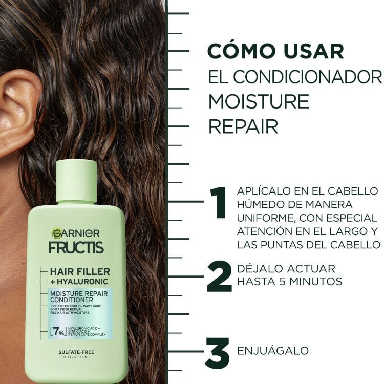 How to use moisture repair conditioner: apply evenly to wet hair, leave on for up to 5 minutes, then rinse