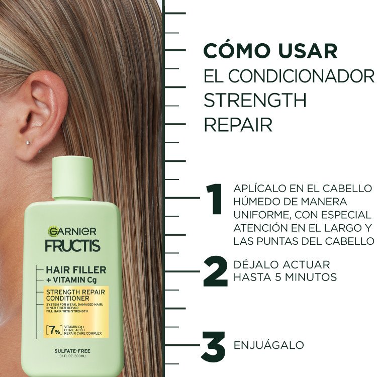 How to use strength repair conditioner: apply evenly to wet hair, leave on for up to 5 minutes, then rinse