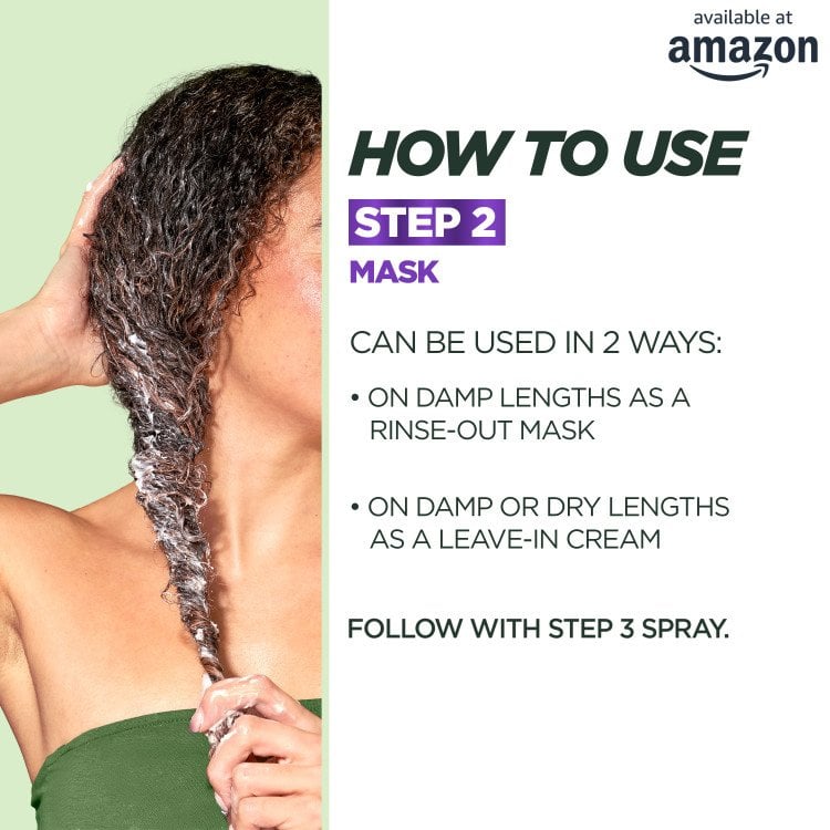 An image demonstrating "HOW TO USE STEP 2 MASK," showing hands applying a white product to damp, curly hair. Text explains the mask "CAN BE USED IN 2 WAYS: ON DAMP LENGTHS AS A RINSE-OUT MASK" or "ON DAMP OR DRY LENGTHS AS A LEAVE-IN CREAM," followed by a reminder to "FOLLOW WITH STEP 3 SPRAY." The "available at amazon" logo is in the top right.