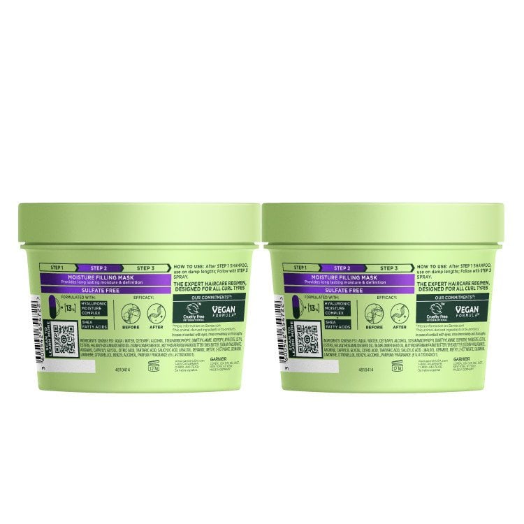 The back labels of two Garnier Fructis Method for Curls 2 Mask tubs are shown. The labels provide detailed information including product steps, usage instructions, "SULFATE FREE" formulation, ingredient lists, and "OUR COMMITMENTS" like "Cruelty Free" and "Vegan Formula."