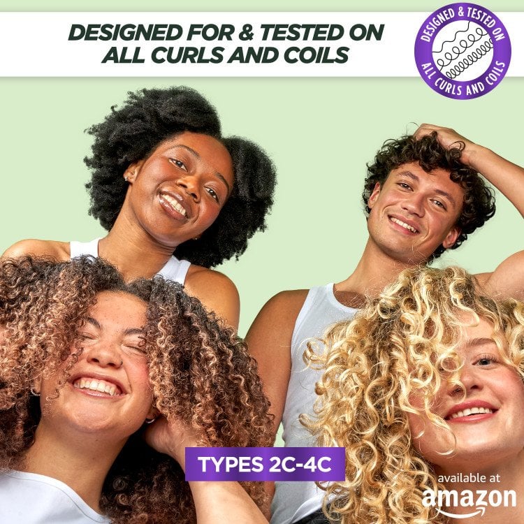 A vibrant image showing four smiling individuals with diverse curly and coily hair types (2C-4C), emphasizing that the product is "DESIGNED FOR & TESTED ON ALL CURLS AND COILS." The "available at amazon" logo is in the top right.