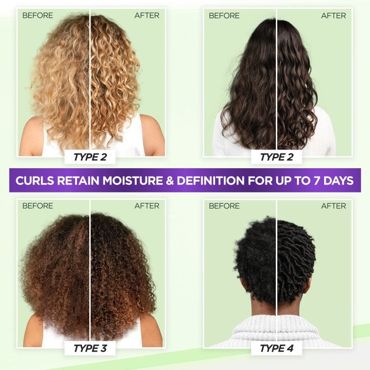 A visual comparison showcasing "BEFORE" and "AFTER" results for various curl types (Type 2, Type 3, Type 4), highlighting that "CURLS RETAIN MOISTURE & DEFINITION FOR UP TO 7 DAYS."