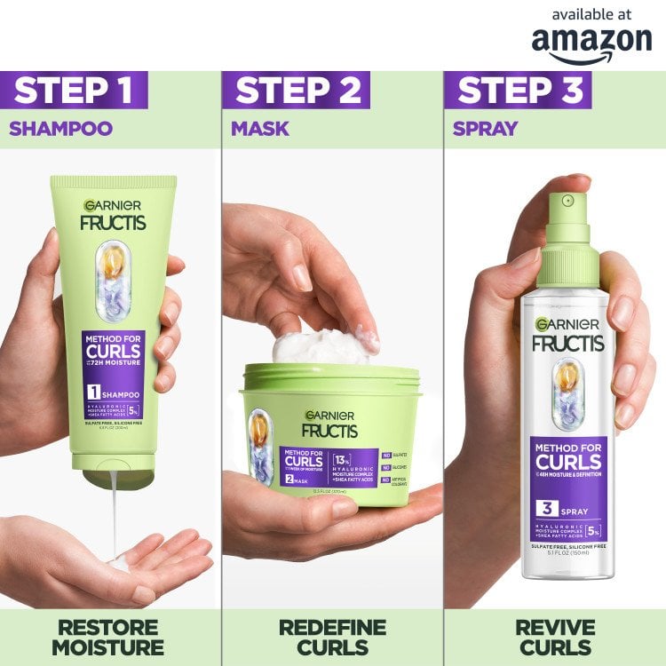 A three-step product application guide featuring the Garnier Fructis Method for Curls line: Step 1 (Shampoo) to "RESTORE MOISTURE," Step 2 (Mask) to "REDEFINE CURLS," and Step 3 (Spray) to "REVIVE CURLS." The "available at amazon" logo is in the top right.