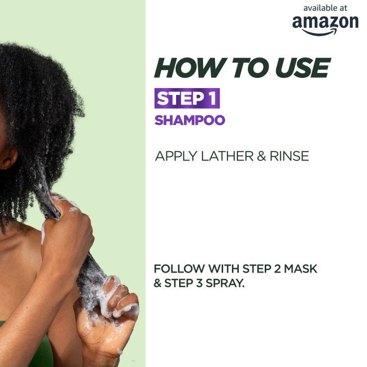 An image detailing "HOW TO USE STEP 1 SHAMPOO," showing hands applying lathered shampoo to curly hair, with instructions to "APPLY LATHER & RINSE" and "FOLLOW WITH STEP 2 MASK & STEP 3 SPRAY."