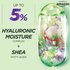 A close-up image highlighting the key ingredients: "UP TO 5% HYALURONIC MOISTURE COMPLEX + SHEA FATTY ACIDS," with a visual representation of the complex inside a clear, oval-shaped container, similar to the packaging design. The "available at amazon" logo is in the top right.