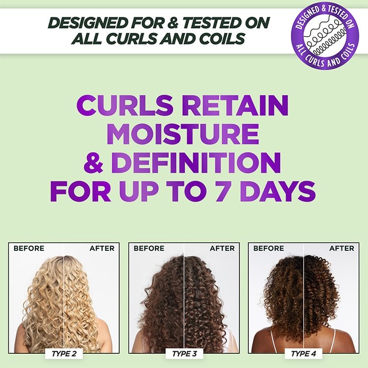 Before & After images showing improved curl definition and moisture for Type 2, 3, and 4 curls, with text: 'Designed for & Tested on All Curls and Coils,' and 'Curls retain moisture & definition for up to 7 days.'