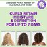 Before & After images showing improved curl definition and moisture for Type 2, 3, and 4 curls, with text: 'Designed for & Tested on All Curls and Coils,' and 'Curls retain moisture & definition for up to 7 days.'