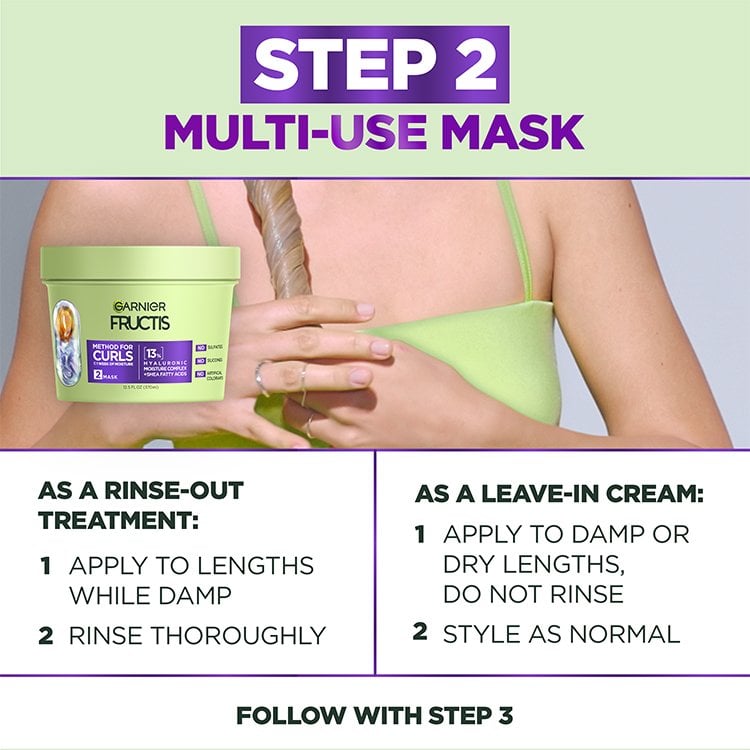 Garnier Fructis 'Step 2 Multi-Use Mask' shown with a hand holding curly hair. Instructions for use as a rinse-out treatment or a leave-in cream are provided.
