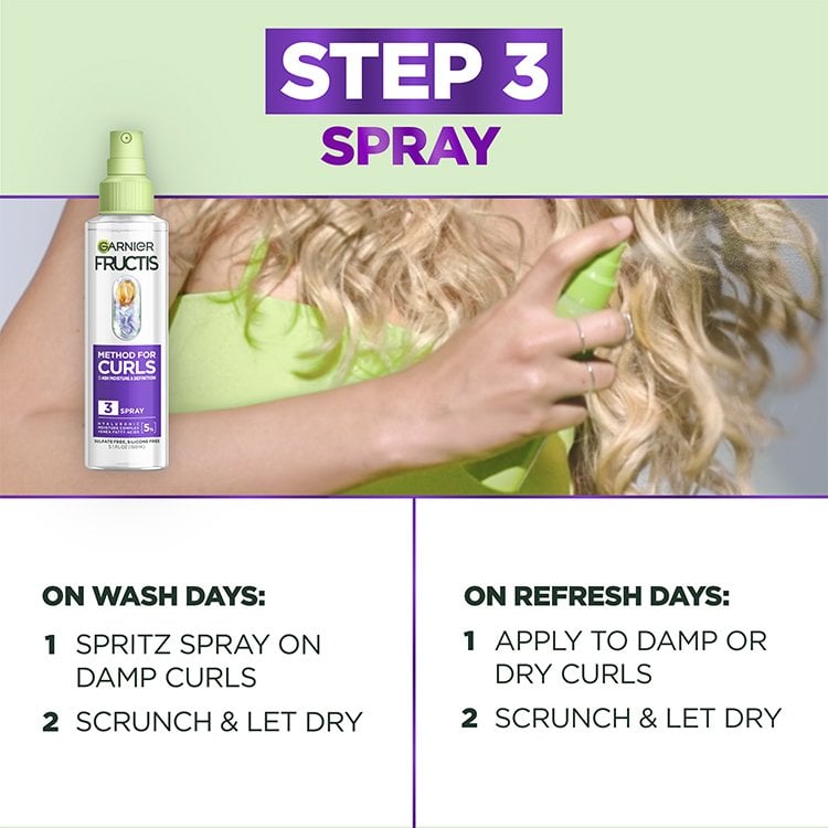 Garnier Fructis 'Step 3 Spray' being applied to blonde curly hair. Instructions detail how to use on wash days and refresh days to spritz and scrunch.