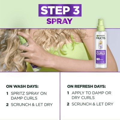 Garnier Fructis 'Step 3 Spray' being applied to blonde curly hair. Instructions detail how to use on wash days and refresh days to spritz and scrunch.