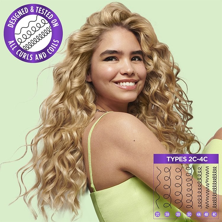 Smiling woman with long, defined blonde curly hair. Includes a curl type chart (2C-4C) and a logo 'Designed & Tested On All Curls and Coils.