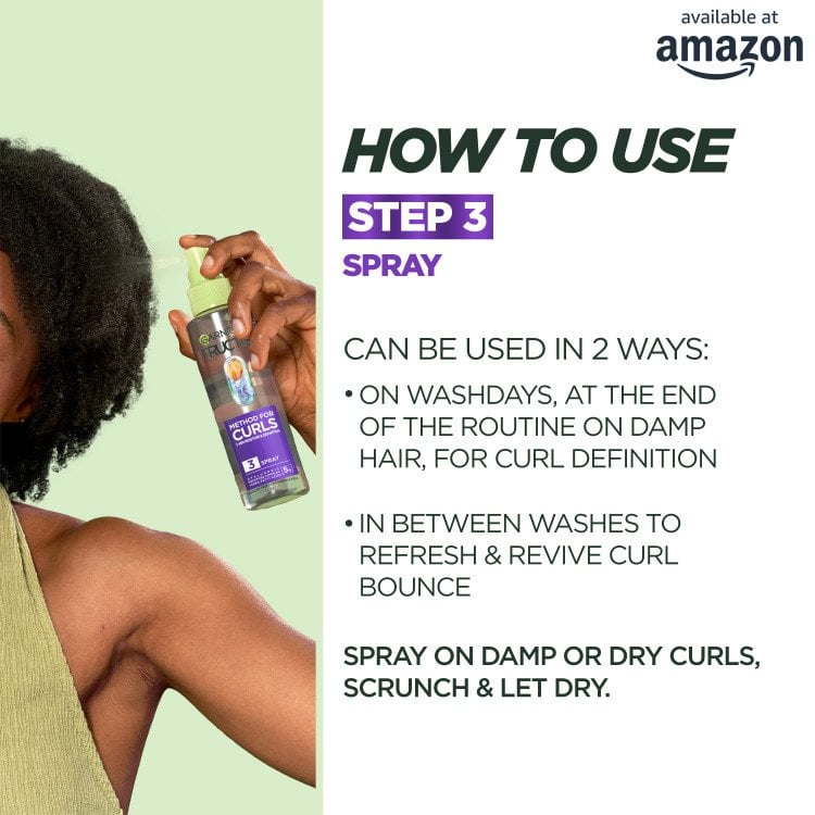 A visual guide on "HOW TO USE STEP 3 SPRAY," showing a person holding the Garnier Fructis spray bottle to their dark curly hair. Text details two uses: "ON WASHDAYS, AT THE END OF THE ROUTINE ON DAMP HAIR, FOR CURL DEFINITION" and "IN BETWEEN WASHES TO REFRESH & REVIVE CURL BOUNCE." Instructions specify to "SPRAY ON DAMP OR DRY CURLS, SCRUNCH & LET DRY." The "available at amazon" logo is in the top right.