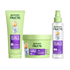 A complete set of Garnier Fructis Method for Curls products is displayed: a light green tube of “Moisture Restoring Shampoo“, a light green tub of “Defining Mask“ and a clear spray bottle of “Reviving Spray" for 48H moisture & definition and for up to 1 week of moisture. All products highlight "Hyaluronic Moisture Complex + Shea Fatty Acids."