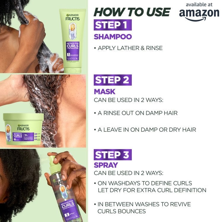 A visual guide on "HOW TO USE" the Garnier Fructis Method for Curls routine, showing Step 1 (Shampoo) with "APPLY LATHER & RINSE," Step 2 (Mask) indicating "CAN BE USED IN 2 WAYS: A RINSE OUT ON DAMP HAIR" or "A LEAVE IN ON DAMP OR DRY HAIR," and Step 3 (Spray) with "CAN BE USED IN 2 WAYS: ON WASHDAYS TO DEFINE CURLS LET DRY FOR EXTRA CURL DEFINITION" or "IN BETWEEN WASHES TO REVIVE CURLS BOUNCES." The "available at amazon" logo is in the top right.