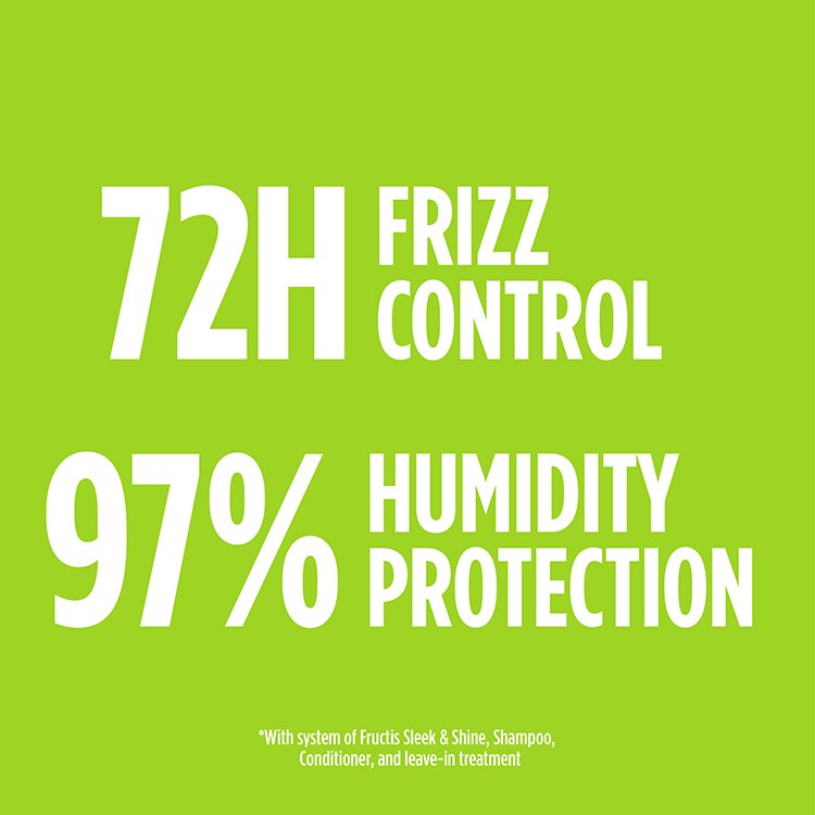 "72-hour Frizz Control, 97% Humidity Protection" in white and green.
