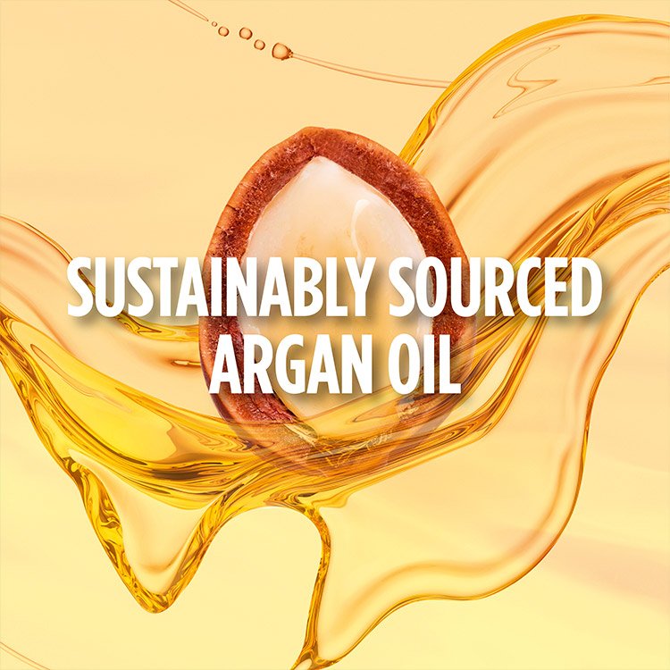 Swirl of yellow oil with "Sustainably Sourced Argan Oil" text.