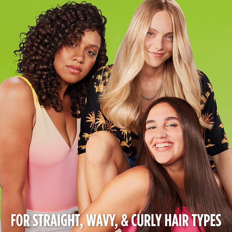 "For straight, wavy, & curly hair types" with models. 