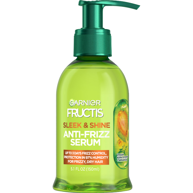 Front of a Garnier Fructis Sleek & Shine Anti-Frizz Serum bottle, highlighting "Vegan Kera System + Argan Oil" and benefits like "Up to 3 days frizz control, protection in 97% humidity for frizzy, dry hair."