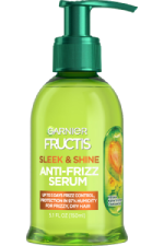 Front of a Garnier Fructis Sleek & Shine Anti-Frizz Serum bottle, highlighting "Vegan Kera System + Argan Oil" and benefits like "Up to 3 days frizz control, protection in 97% humidity for frizzy, dry hair."