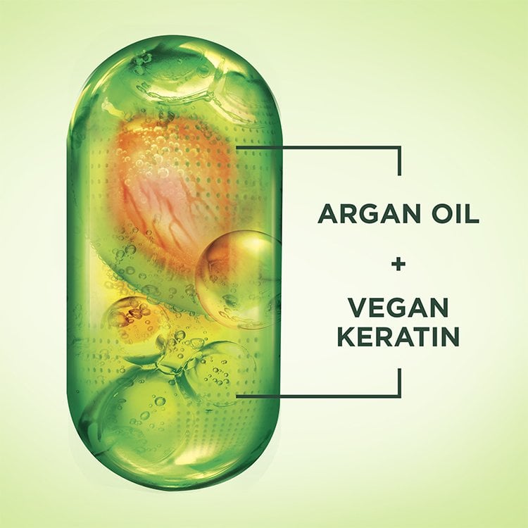 Green capsule with Argan Oil and Vegan Keratin ingredients labeled.