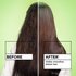 A split image showing "BEFORE" (frizzy, dull hair) and "AFTER*" (visibly smoother, shinier hair) results from using the product.