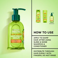 A Garnier Fructis Sleek & Shine Anti-Frizz Serum bottle is displayed next to a "HOW TO USE" section. Instructions state to apply to damp hair after using Sleek & Shine Shampoo & Conditioner, distributing evenly with fingers, and not to rinse. Smaller images of the matching shampoo, conditioner, and serum are shown at the top right.