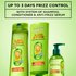 Three Garnier Fructis Sleek & Shine products (shampoo, conditioner, and anti-frizz serum) aligned, with text "UP TO 3 DAYS FRIZZ CONTROL WITH SYSTEM OF SHAMPOO, CONDITIONER & ANTI-FRIZZ SERUM."