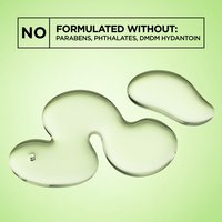 Two clear, glossy liquid droplets on a green background, accompanied by text "NO FORMULATED WITHOUT: PARABENS, PHTHALATES, DMDM HYDANTOIN."