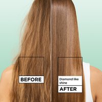 A split before-and-after comparison image showcasing the back of a woman's long, straight light-brown hair. The left side, labeled "BEFORE," displays hair that is frizzy and dull. The right side, labeled "AFTER" with the caption "Diamond like shine," shows a dramatic transformation into hair that is exceptionally smooth, perfectly straight, and highly reflective.
