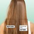 A split before-and-after comparison image showcasing the back of a woman's long, straight light-brown hair. The left side, labeled "BEFORE," displays hair that is frizzy and dull. The right side, labeled "AFTER" with the caption "Diamond like shine," shows a dramatic transformation into hair that is exceptionally smooth, perfectly straight, and highly reflective.