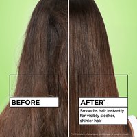 Visual of Before and After use of Sleek & Shine Frizz Control System. Left side shows long frizzy hair, and right side shows sleek straight shiny hair.