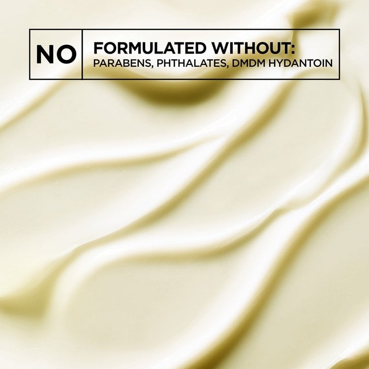 Creamy textured background with smooth, wavy lines. Above, text claiming "FORMULATED WITHOUT: parabens, phthalates, DMDM Hydantoin.".