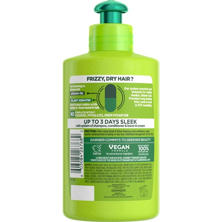 Back pack shot of a bottle of Garnier Fructis Sleek & Shine Leave-In Conditioner.